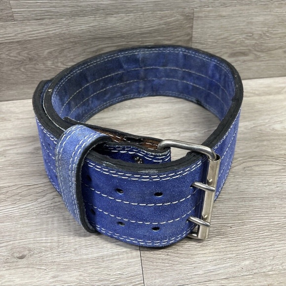 Vintage Thick Double Suede Powerlifting Belt Blue Two Prong - Picture 1 of 9